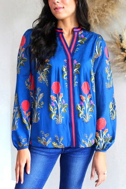 Floral Print Contrast Striped Trim Notched Neck Long Sleeve Blouse