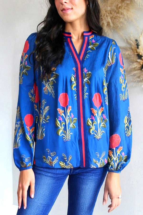 Floral Print Contrast Striped Trim Notched Neck Long Sleeve Blouse