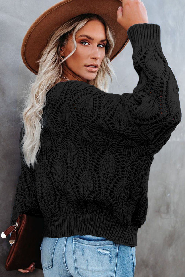 Solid Crochet Knit Ribbed Hem Hollow-out Sweater