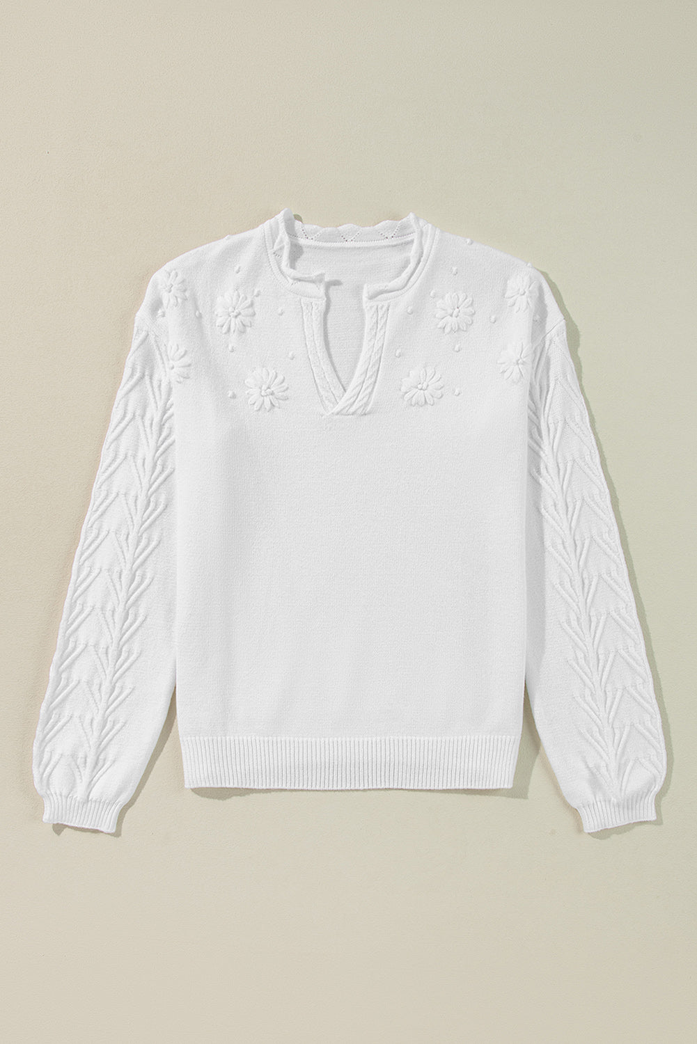 Solid Flower Detail Knitted Notched Neck Sweater