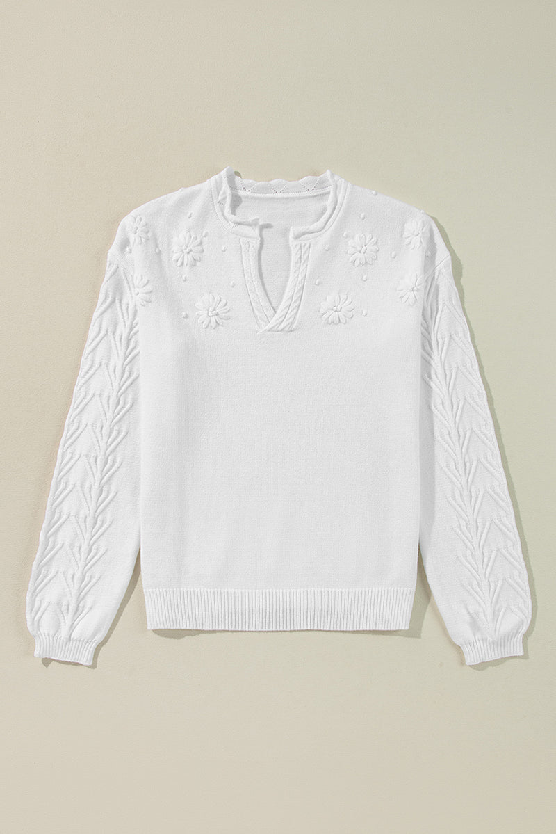 Solid Flower Detail Knitted Notched Neck Sweater