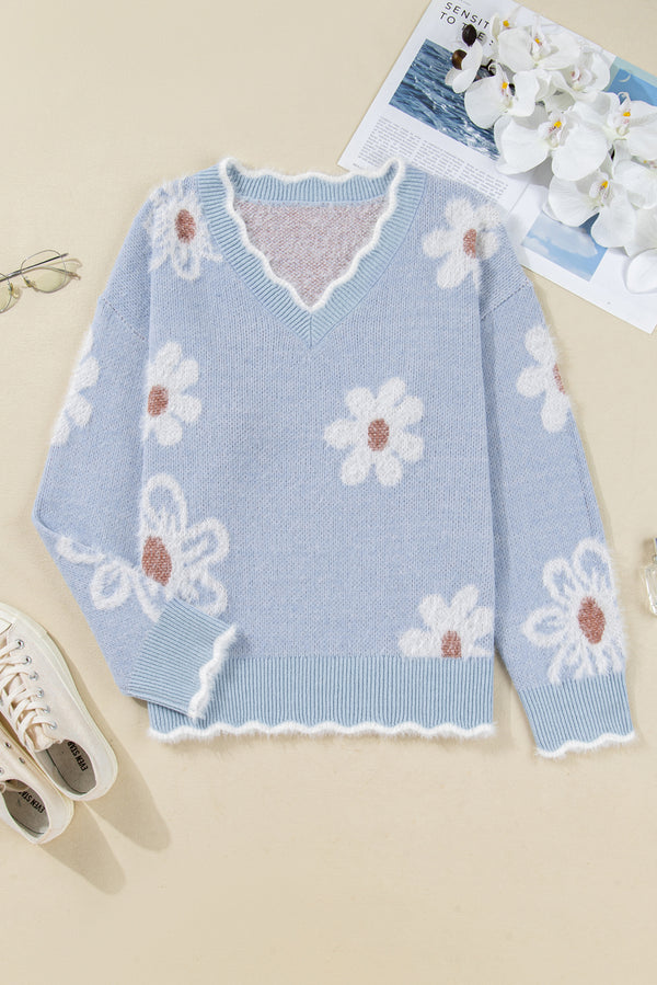 Fuzzy Flower Scalloped V Neck Plus Sweater