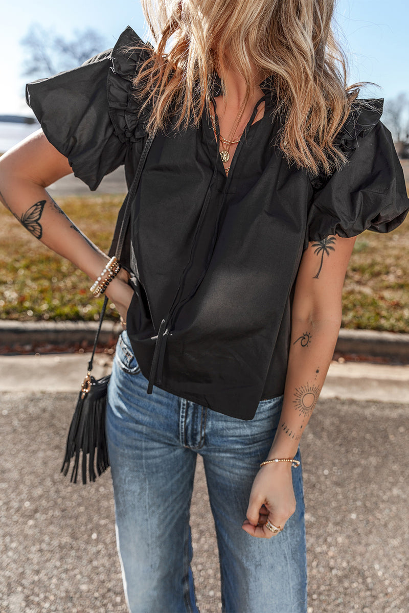 Black Ruffled Puff Short Sleeve Loose Blouse