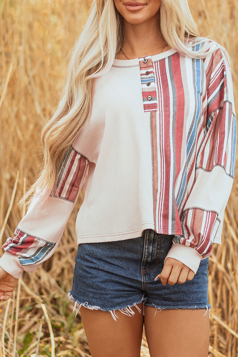 Striped Waffle Patchwork Exposed Seam Raw Edge Casual Knit Top