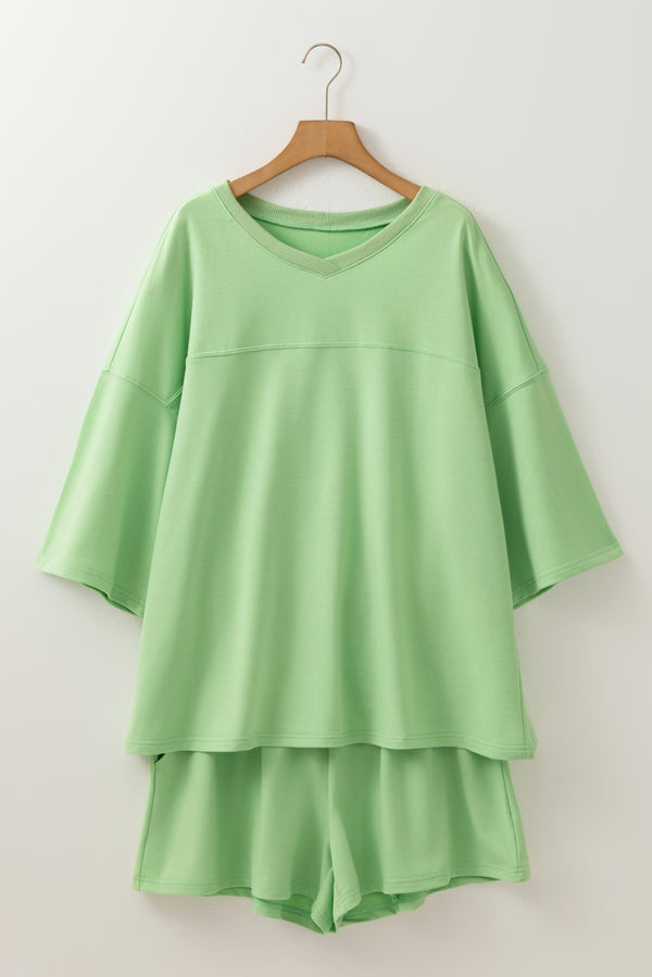 Plus Size V Neck Drop Shoulder Tee Loose Shorts 2pcs Outfit