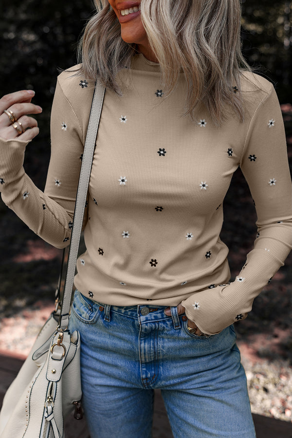 Floral Embroidered Detail Ribbed Long Sleeve Top