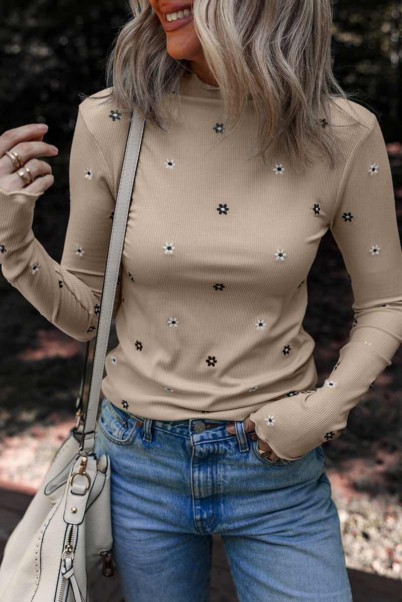 Floral Embroidered Detail Ribbed Long Sleeve Top