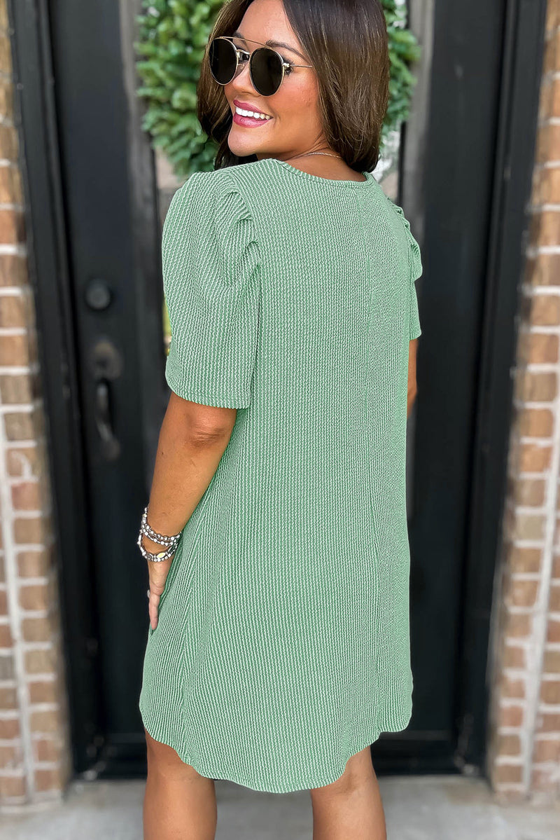 Solid Corded Knit Crew Neck Puff Sleeve Shift Mini Dress