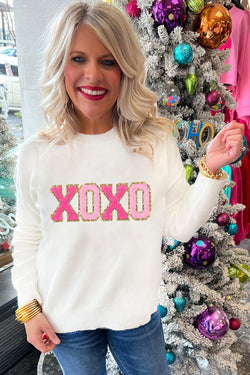 Solid XOXO Glitter Print Round Neck Casual Sweater