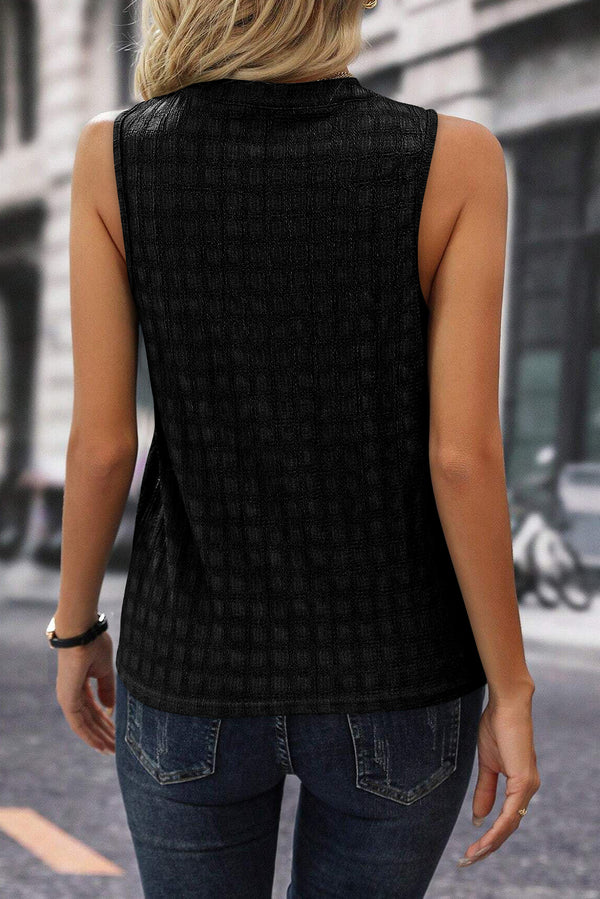 Sleeveless Blouse Lattice Textured Split Neck Tank Top