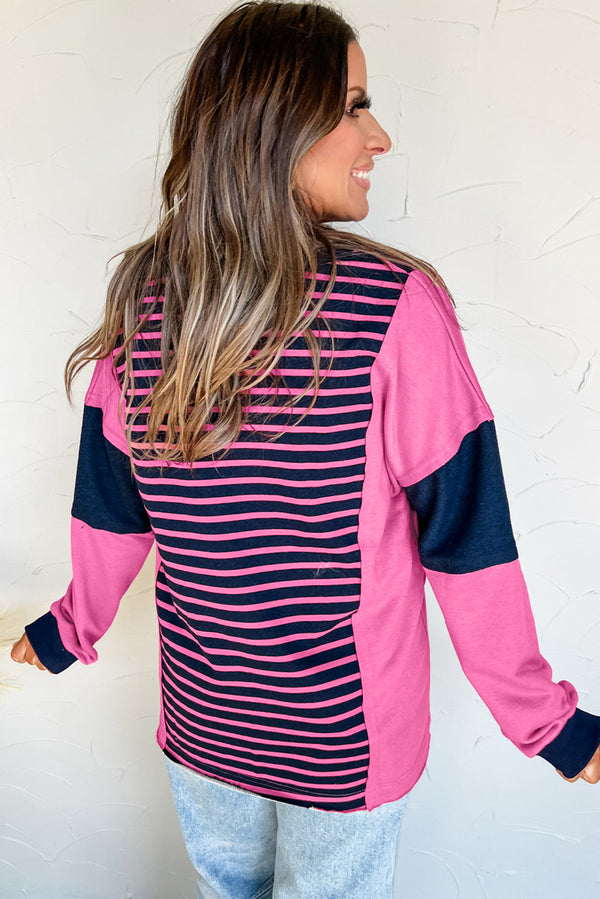 Stripe Color Block V Neck Loose Fit Long Sleeve Top