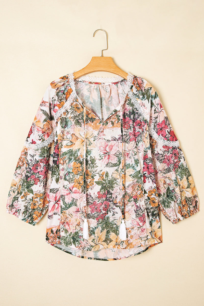 Floral Print Lace Embroidery Tie Split Neck Long Sleeve Blouse