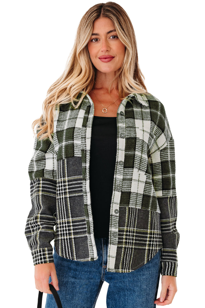 Plaid Print Textured Knit Buttoned Shacket