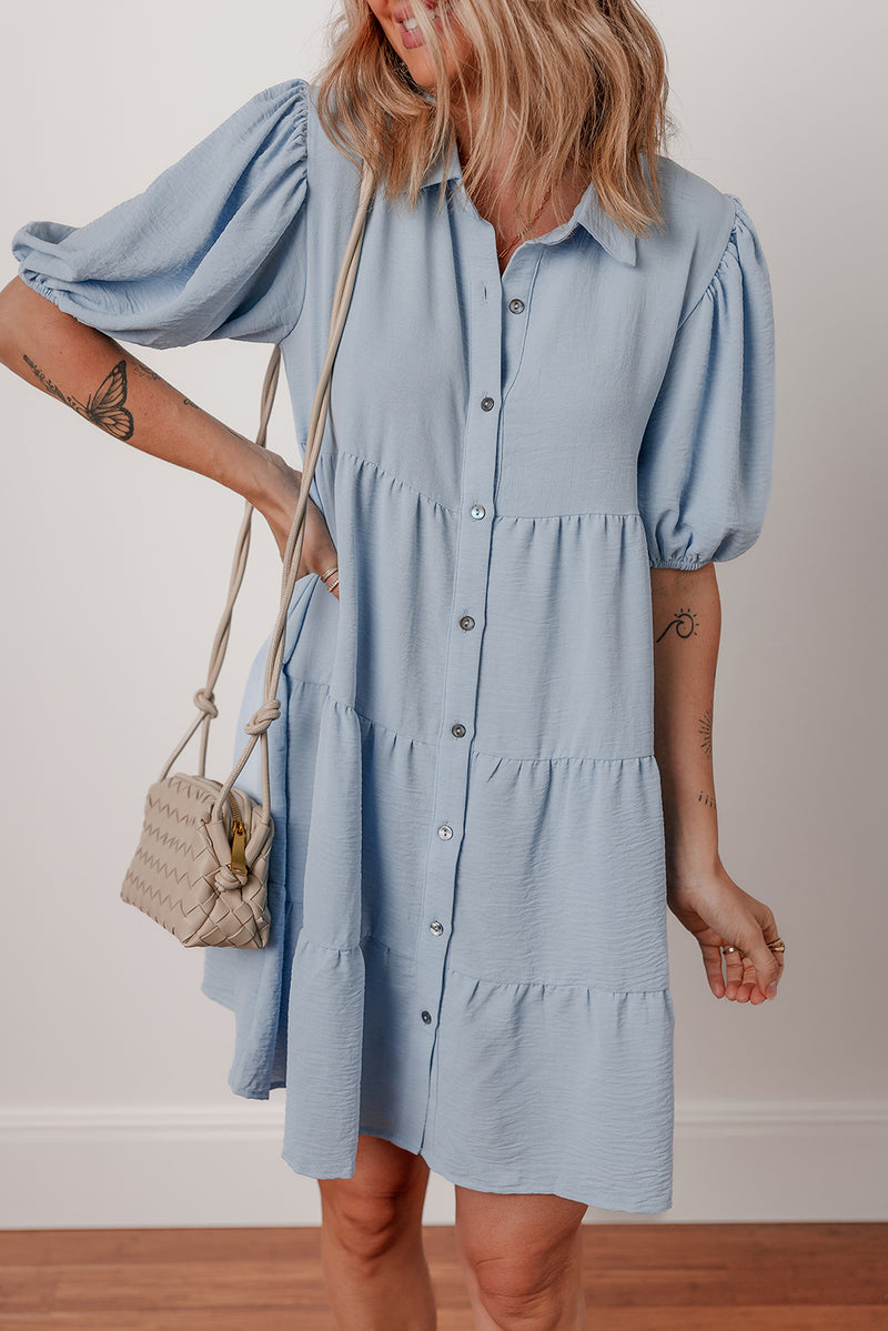 Blue Shirt Collar Button Up Short Puff Sleeve Tiered Shift Dress