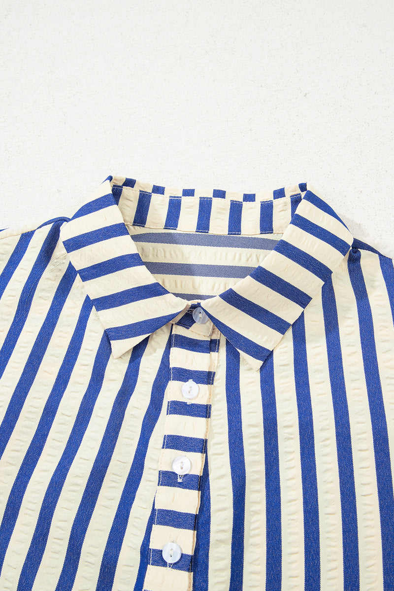Stripe Collared Half Button Side Pockets Loose Fit Mini Dress