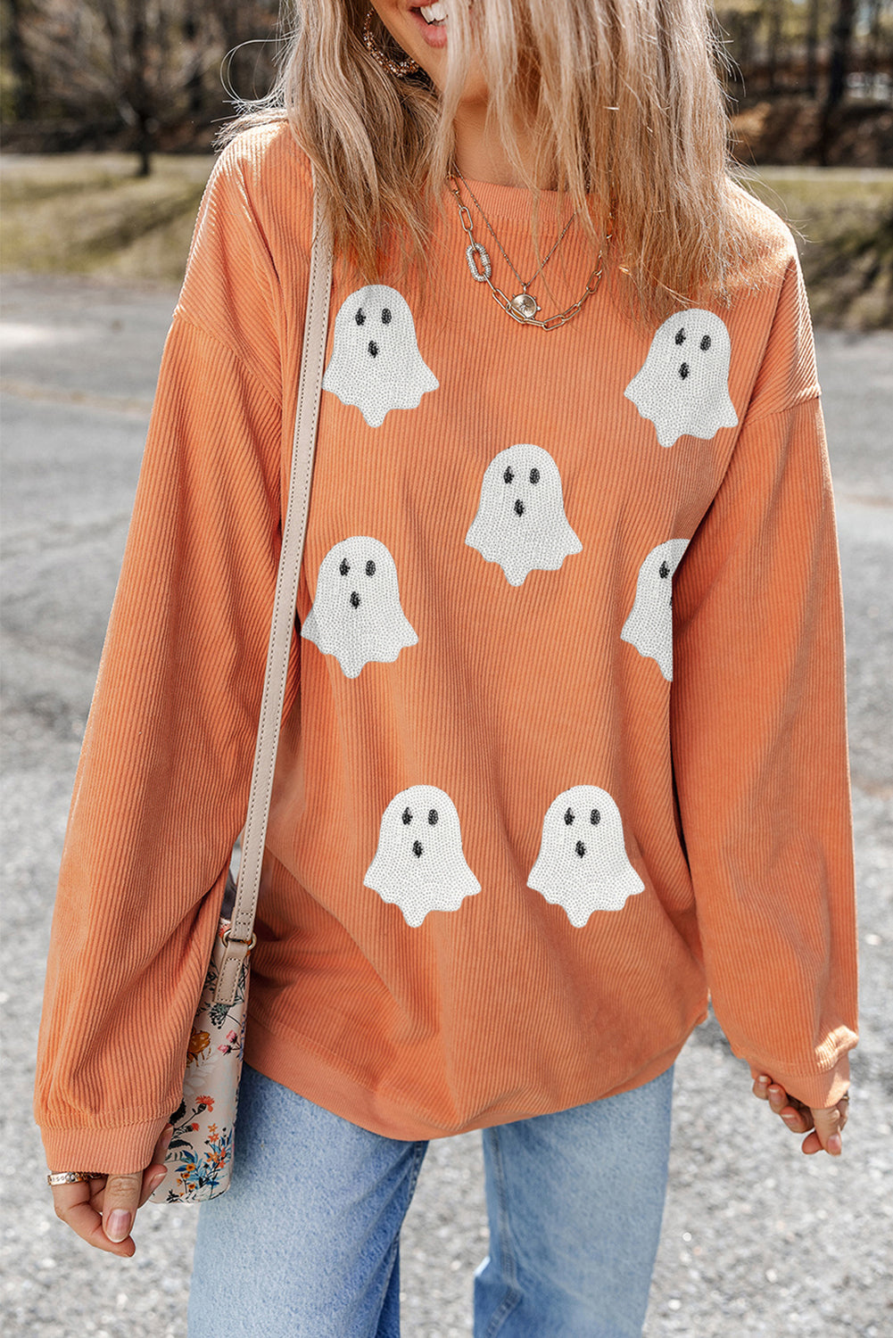 Orange Twisted Ribbed Texture Halloween Ghost Sequin Patched Sweatshirt
