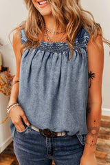 Ruffled Shirred Neckline Sleeveless Denim Tank Top
