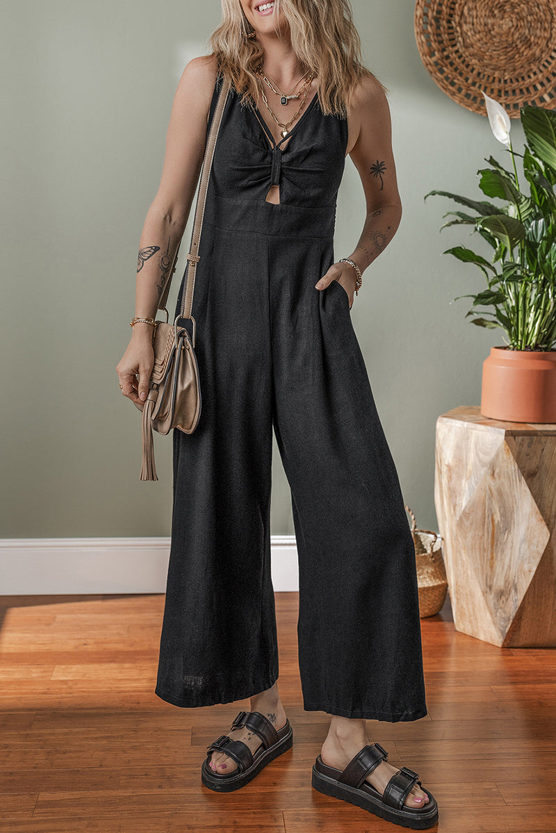 Front Cut Out Smocked Back Sleeveless Wide Leg Jumpsuit