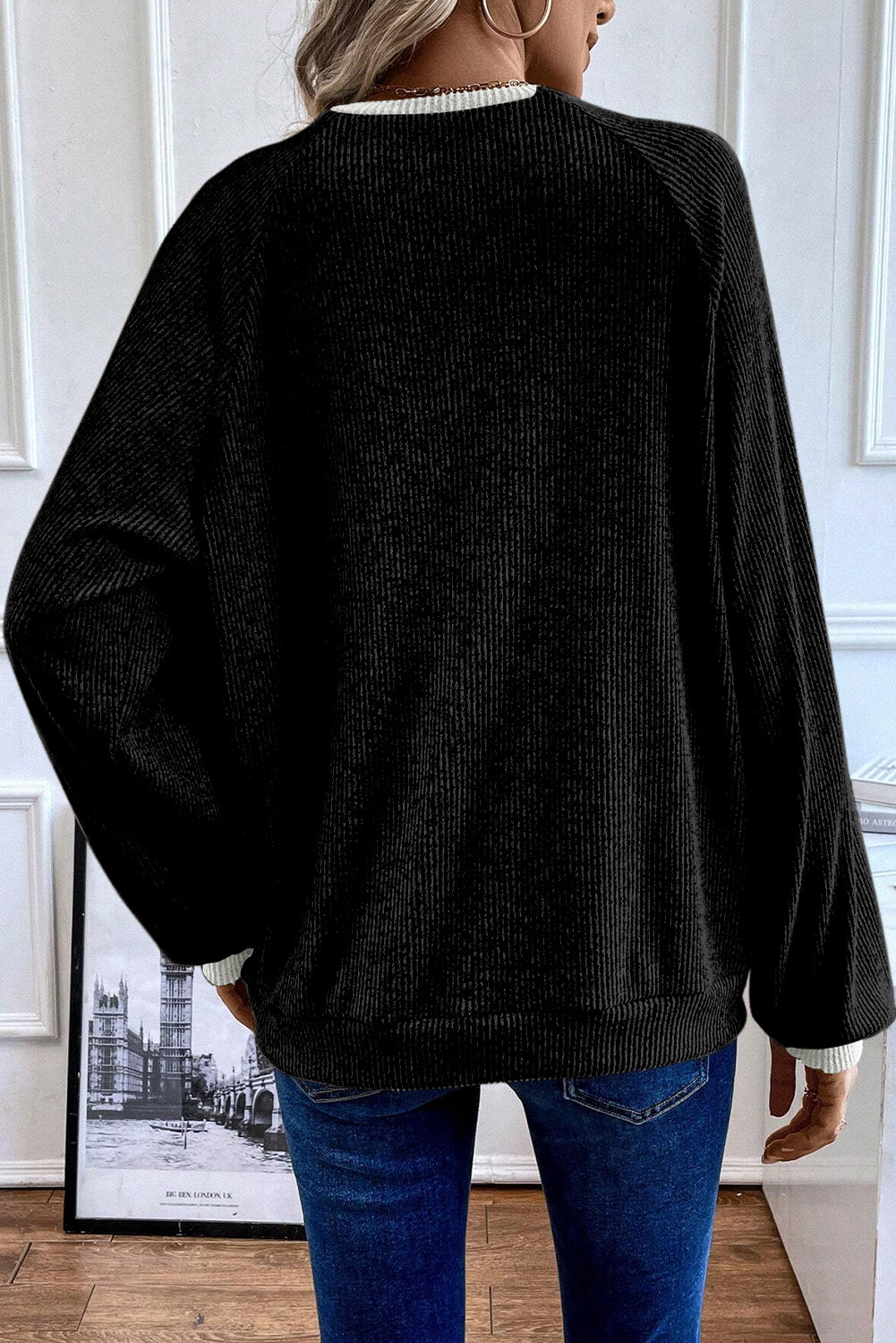 Color Contrast Ribbed Loose Fit Long Sleeve Top