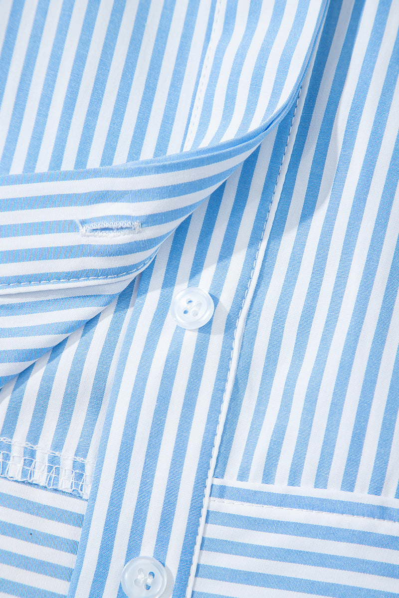 Sky Blue Stripe Contrast Collar Patchwork Hidden Button Short Sleeve Summer Shirt