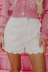 White Scalloped Hemline Acid Wash High Waist Denim Shorts
