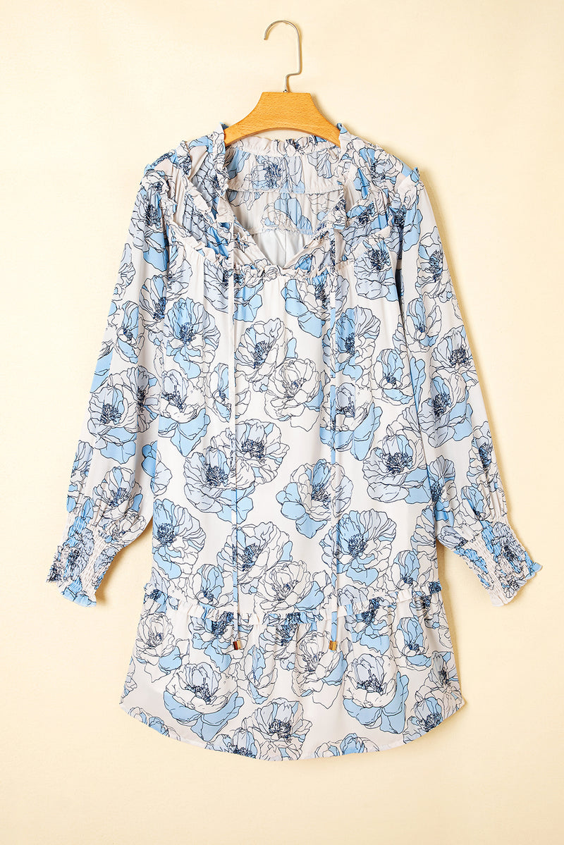 Floral Print Tie Neck Long Sleeve Flowy Mini Dress