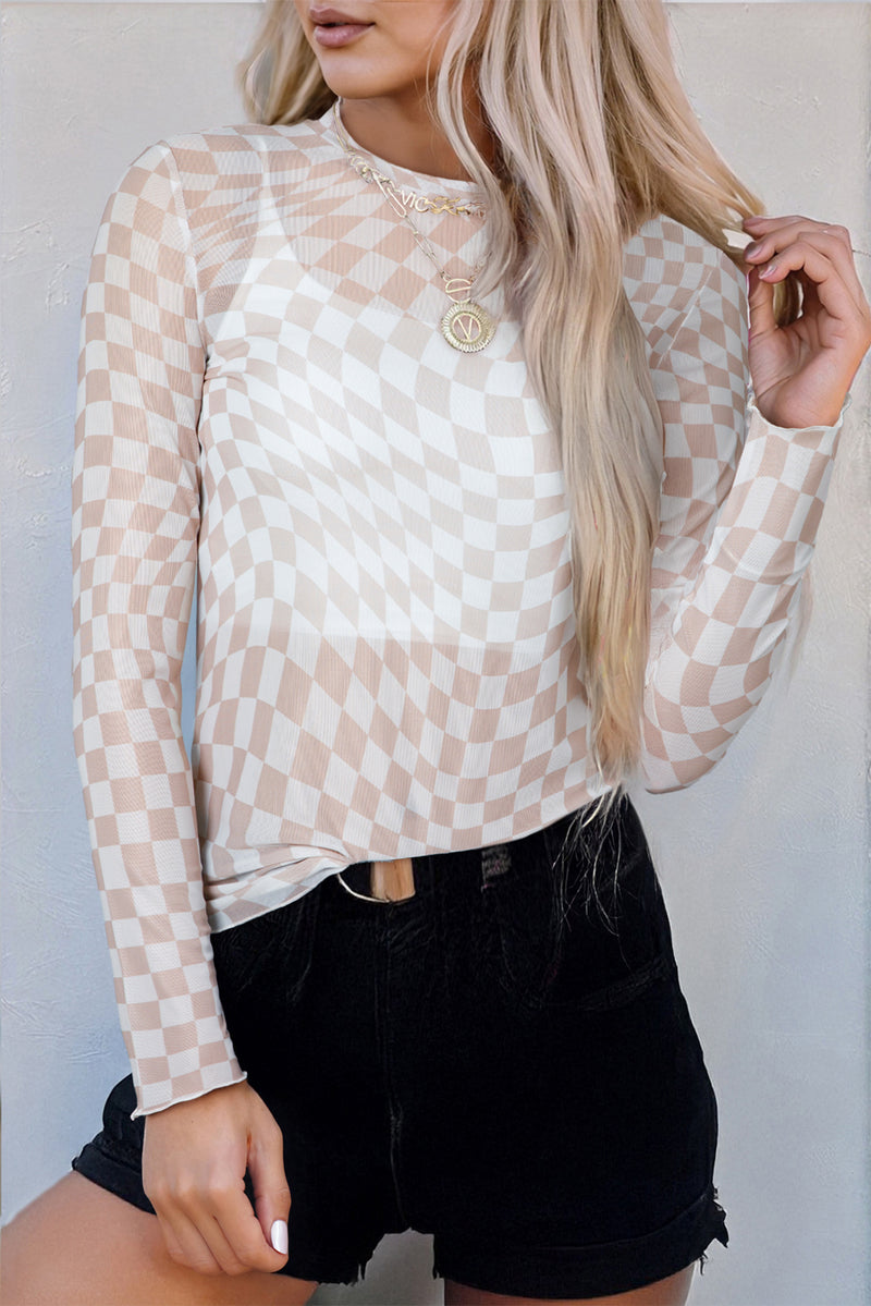 Checkered Pattern Mesh Mock Neck Long Sleeve Top