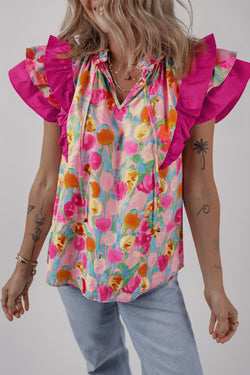 Floral Layered Ruffle Flutter Sleeve Tie V Neck Blouse