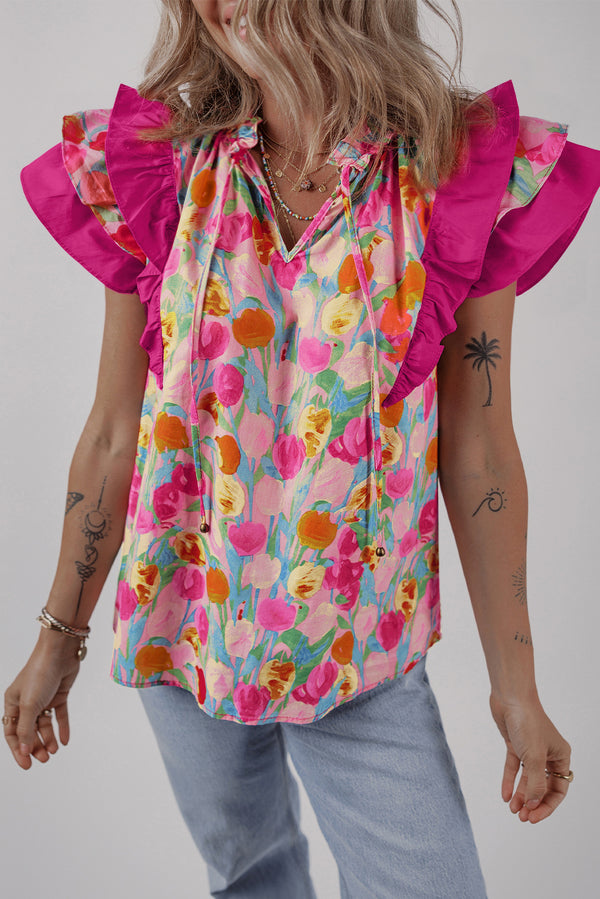 Floral Layered Ruffle Flutter Sleeve Tie V Neck Blouse