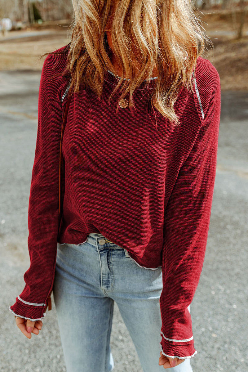 Solid Textured Round Neck Long Sleeve Top