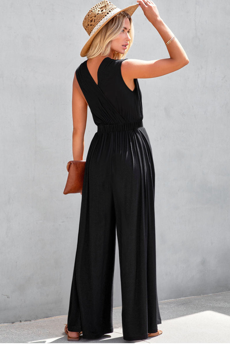 Solid Deep V Pleated Crisscross Wide Leg Backless Jumpsuit