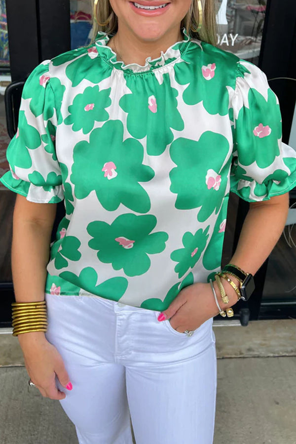 Style in Comfort Floral Puff Sleeve Frill Neckline Blouse