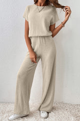Solid Ribbed Keyhole Short Sleeve Wide Leg Jumpsuit