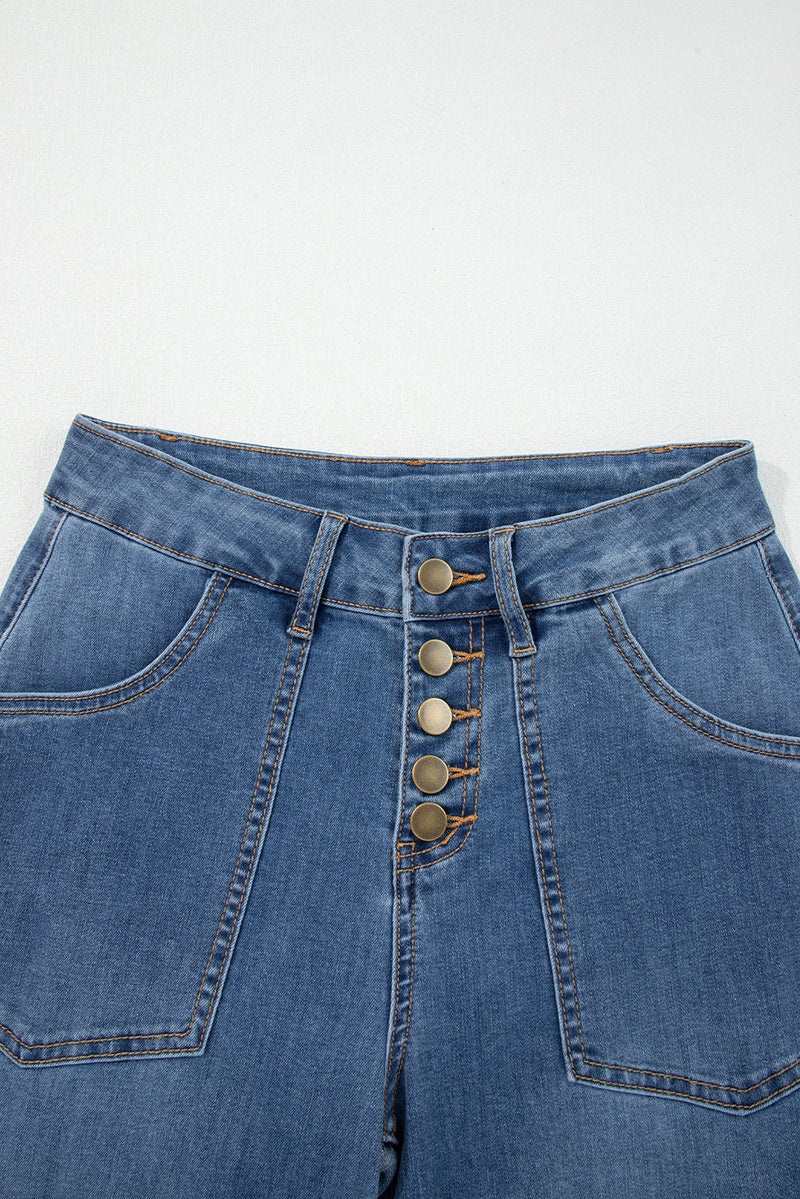 Multi Buttons High Waist Wide Leg Jeans With Pockets