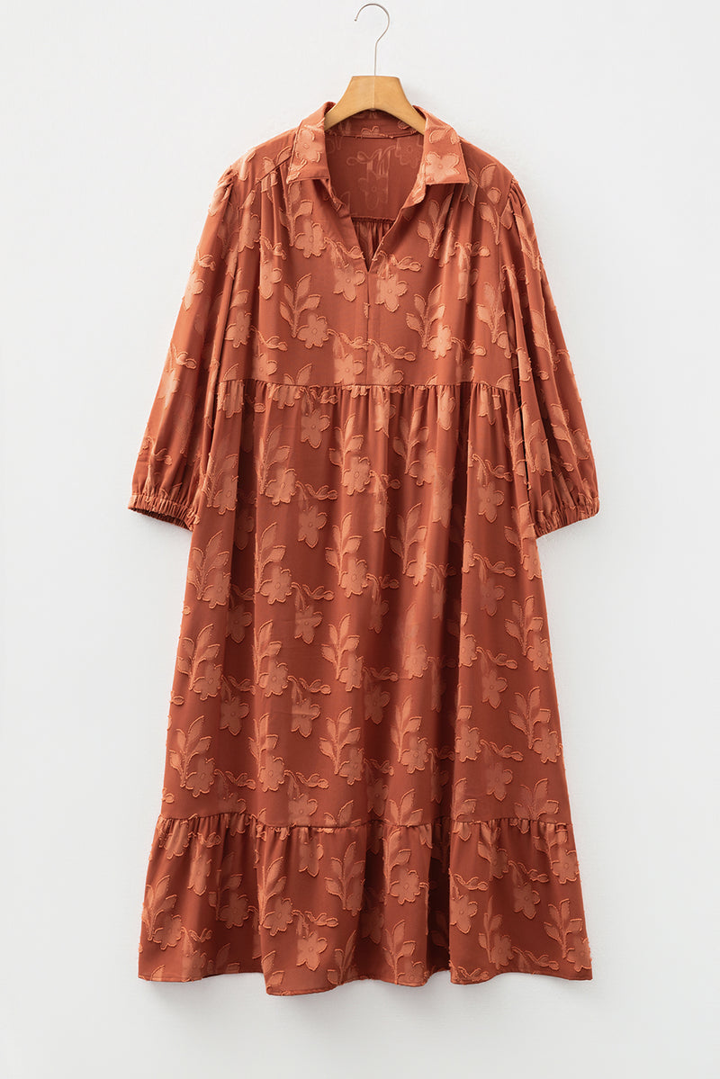Plus Size Textured 3D Flower Pattern Ruffle Hem 3/4 Sleeve Long Dress