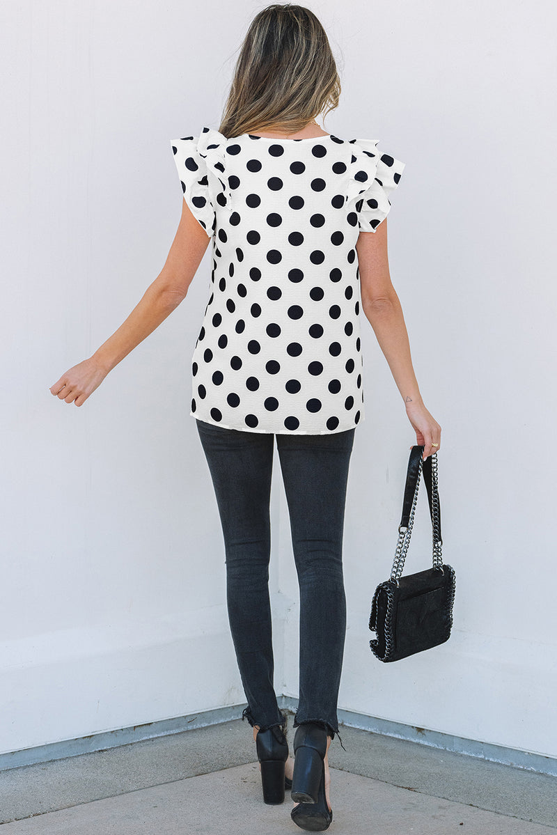Polka Dot Print Ruffled Sleeve V Neck Blouse