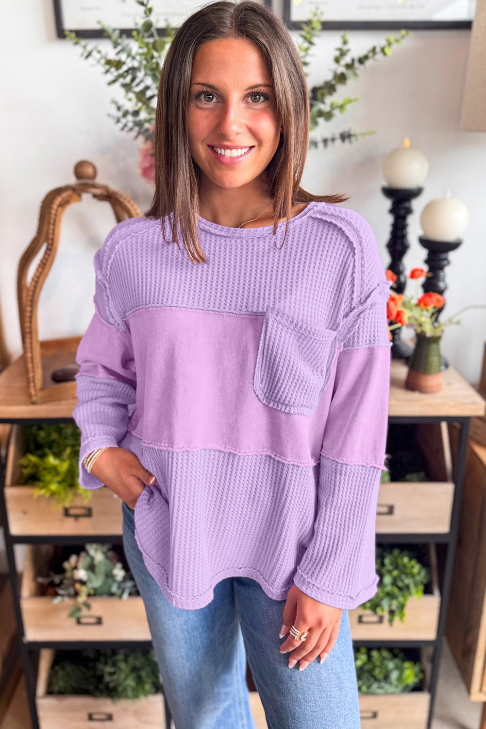 Thermal Knit Contrast Textured Patchwork Long Sleeve Top