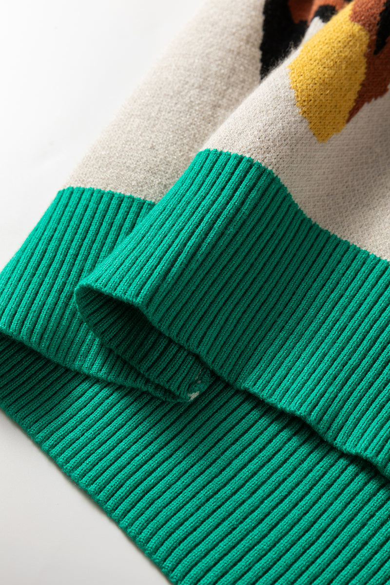 Contrast Ribbed Stripes Detail Animal Pattern Knit Sweater