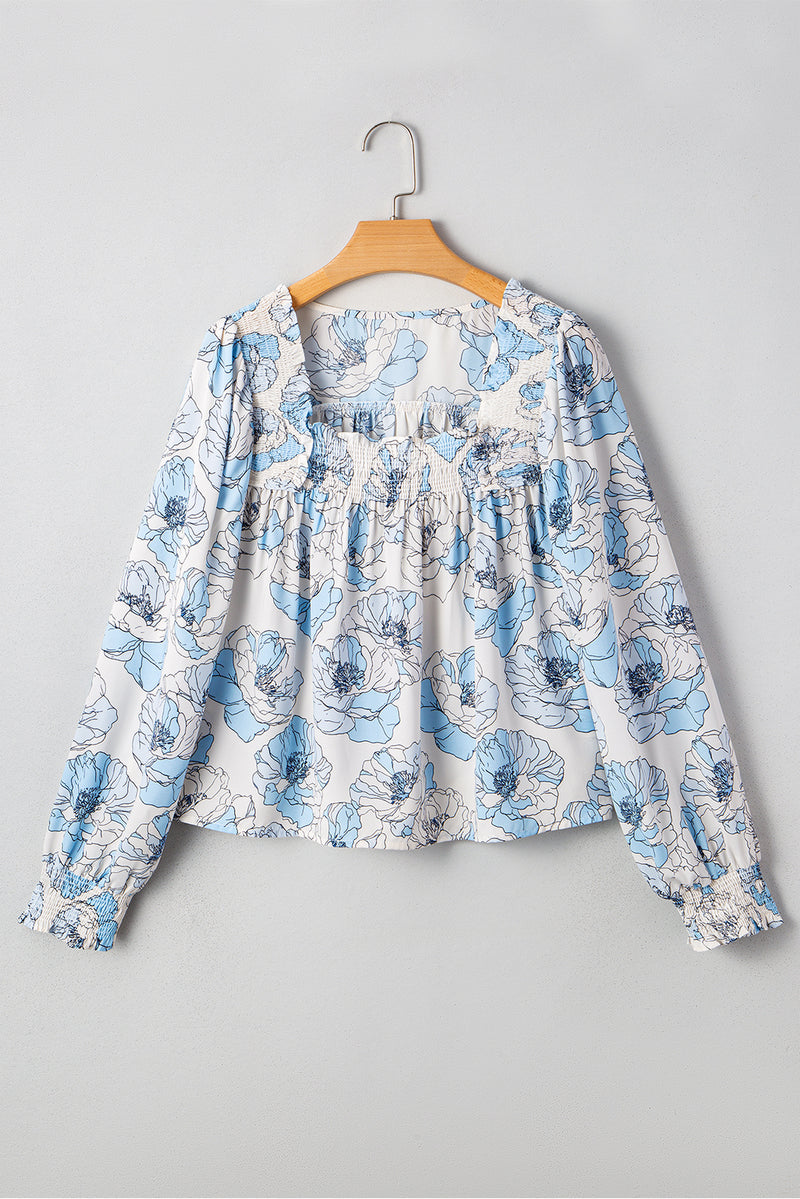 Sky Blue Floral Print Frilly Smocked Square Neck Long Sleeve Blouse