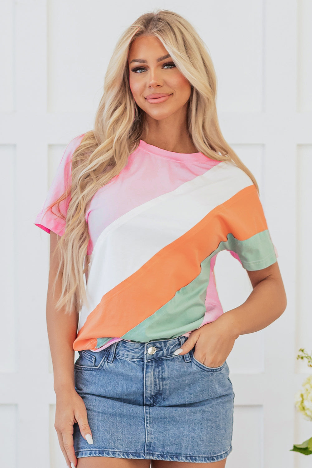 Color Block Patchwork Seamed Crewneck T Shirt