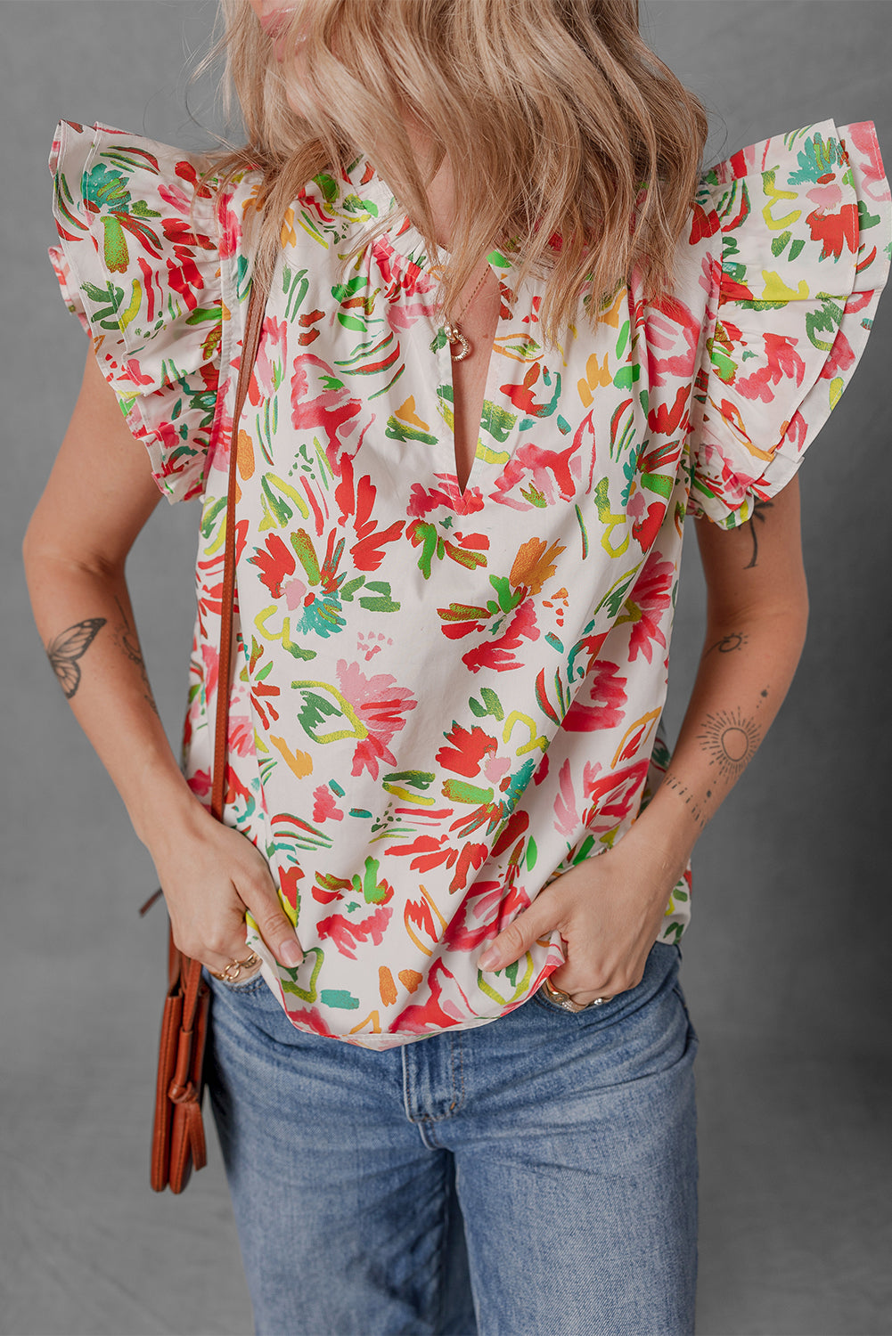 Allover Floral Printed Flutter Sleeve Split Neck Blouse