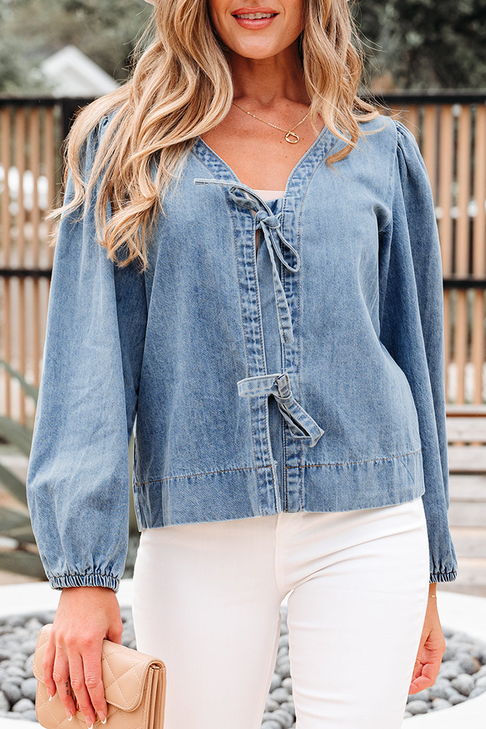 Tied Front Long Puff Sleeve Denim Top
