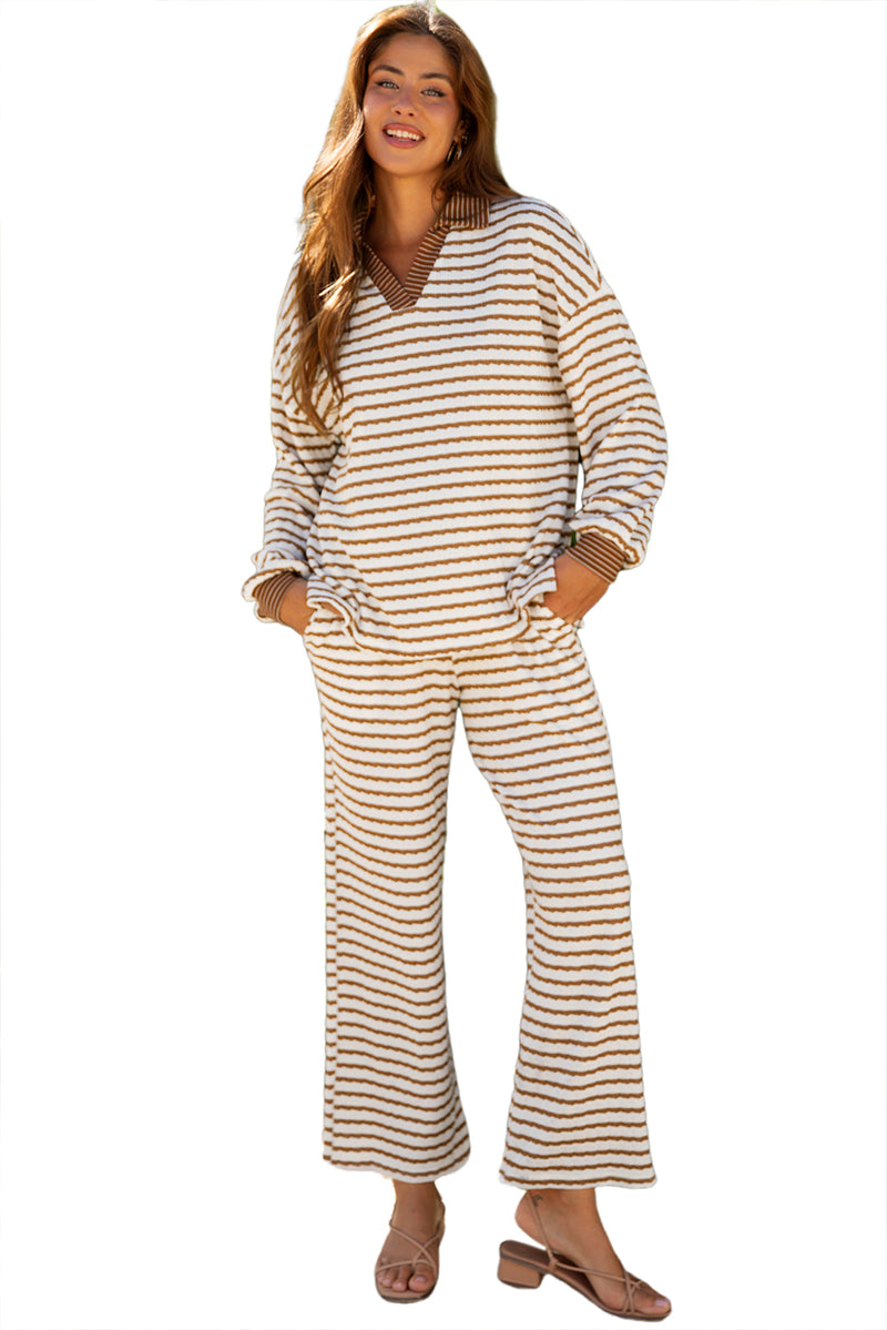 Stripe Collared Pullover Top and Drawstring Pant Set