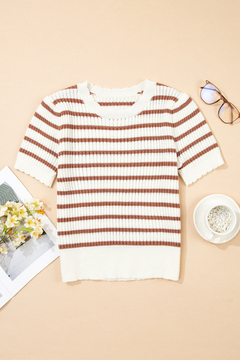 Stripe Scalloped Round Neck Short Sleeve Sweater