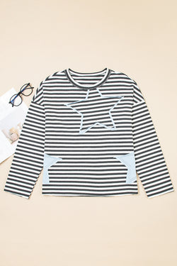 Stripe Starry Patch Drop Shoulder Raw Edge Casual Knit Top
