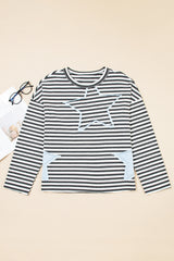 Stripe Starry Patch Drop Shoulder Raw Edge Casual Knit Top