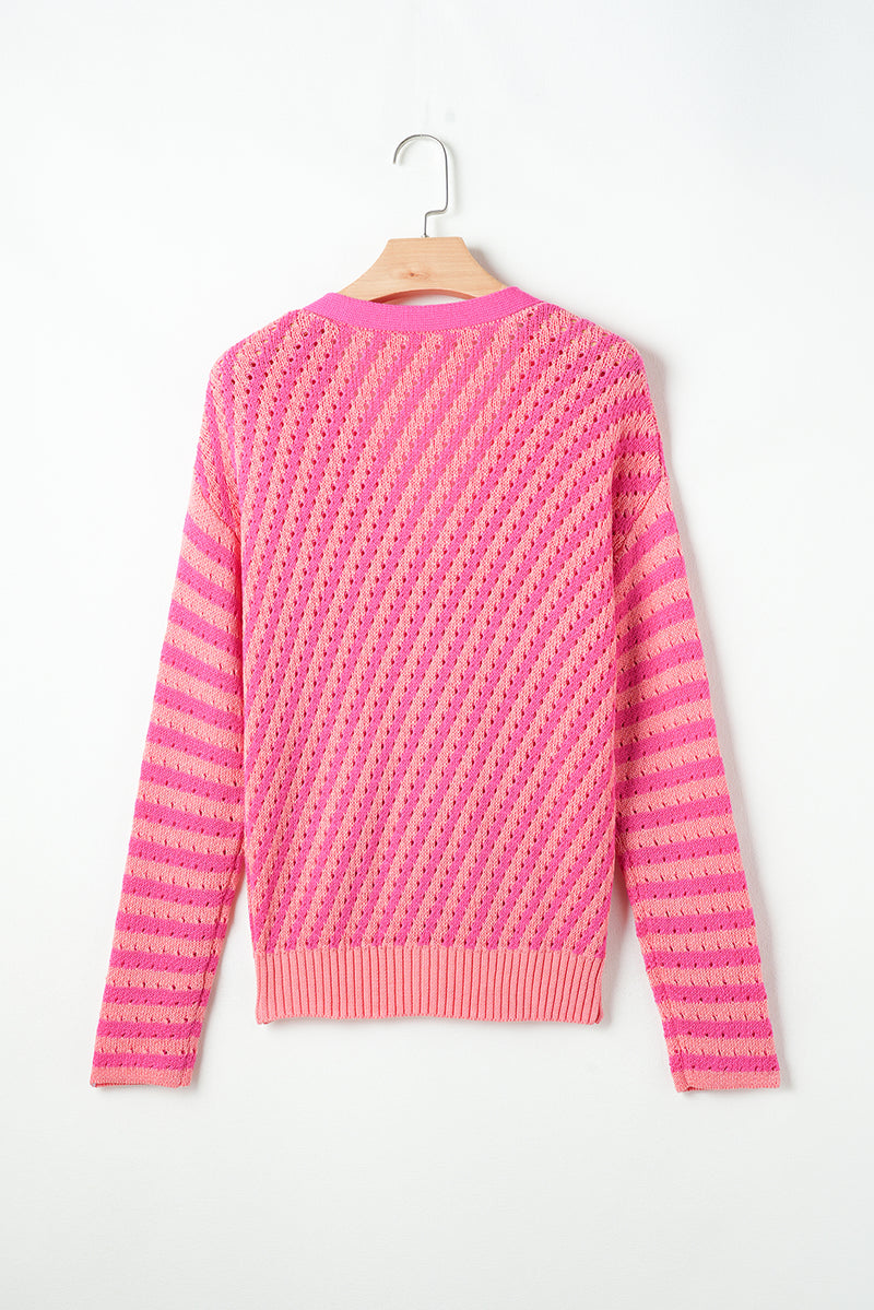 Striped Buttoned V Neck Drop Shoulder Cardigan