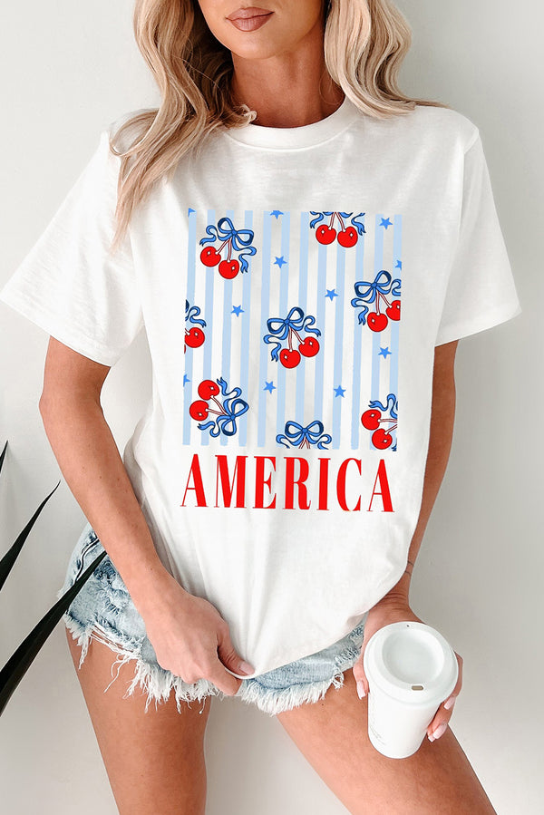 Bow Cherry AMERICA Graphic Crewneck Patriotic T Shirt