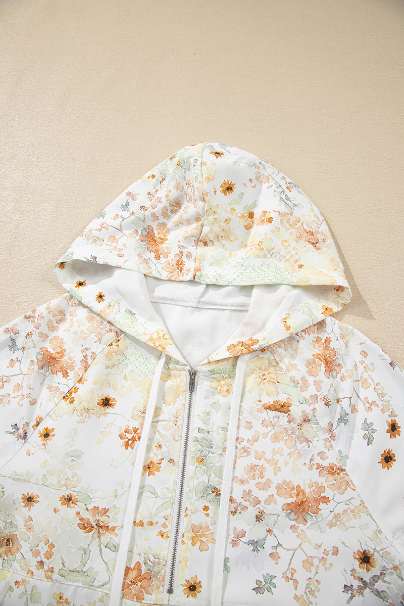 Floral Print Half Zip Hooded Long Sleeve Top