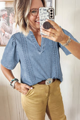Pintuck Pleats Puff Sleeve Split V Neck Summer Denim Top